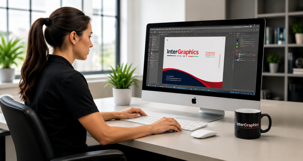 Graphic designer creating custom Inter.Graphics Print branded materials on desktop computer