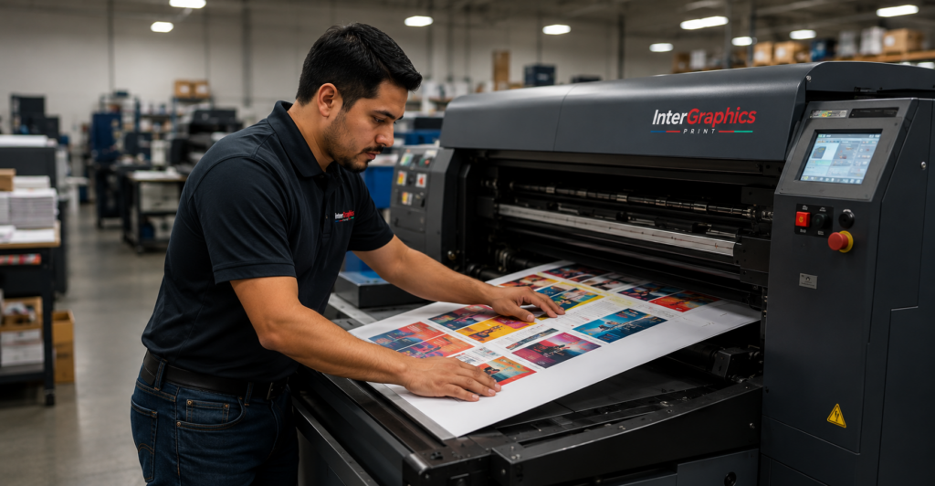Inter.Graphics Print technician pulling freshly printed color sheets from a commercial press